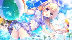 1girl ahoge ass ball beach beach_house beach_umbrella beachball bikini bikini_skirt blonde_hair blue_eyes blue_sky blurry blurry_foreground blush bow bow_hairband breasts cloud cloudy_sky day dot_nose dutch_angle film_grain flower frilled_skirt frills from_side game_cg hair_ornament hair_scrunchie hairband hibiscus innertube itsumura_haruka izumi_tsubasu lens_flare long_hair looking_at_viewer low_twintails non-web_source official_art open_mouth outdoors palm_tree purple_bow purple_hairband purple_sailor_collar purple_scrunchie purple_trim re:stage! red_flower sailor_collar scrunchie see-through_clothes see-through_shirt see-through_skirt sideboob signpost skirt sky small_breasts smile solo sparkle splashing striped_innertube sun surfboard swim_ring swimsuit tree twintails twisted_torso umbrella very_long_hair wading white_bikini