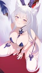 1girl absurdres animal_ears azur_lane blue_eyes blue_garter_straps blue_leotard breasts cleavage collar fake_animal_ears fox_ears fox_girl fox_tail hair_between_eyes highres kitsune kkongchi kyuubi large_tail leotard long_hair looking_at_viewer multiple_tails nail_polish official_alternate_costume playboy_bunny rabbit_ears shinano_(azur_lane) shinano_(visions_of_fantasy)_(azur_lane) solo tail thighhighs very_long_hair white_collar white_hair white_tail white_thighhighs white_wrist_cuffs wrist_cuffs