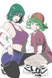 2girls alternate_costume baseball_cap bob_cut breasts cleavage crop_top curly_hair denim denim_shorts fishnets fubuki_(one-punch_man) green_eyes green_hair hat highres jacket large_breasts looking_at_viewer medium_breasts midriff multiple_girls navel one-punch_man pantyhose red_shirt shirt shoes short_hair shorts small_breasts smile sneakers t-shirt tatsumaki white_jacket windriftdraws