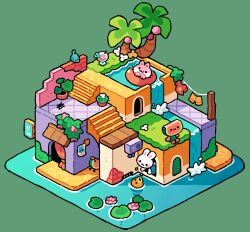 absurdres bird building cactus chibi clothesline commentary condenser_unit creature english_commentary flower food fruit green_background highres house isometric lily_(flower) moss original plant potted_plant rabbit sign simple_background smile solid_circle_eyes stefscribbles water waterfall watermelon