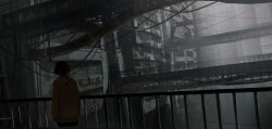 1girl abandoned black_hair black_shorts bridge building fog haruaki_(onkai_planaria) hood hoodie original outdoors post-apocalypse power_lines railing scenery short_hair shorts solo urban yellow_hoodie
