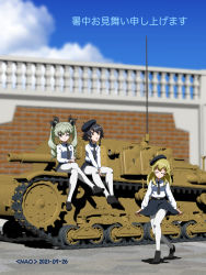 3d 3d_background 3girls ;) anchovy_(girls_und_panzer) anzio_school_uniform artist_name belt beret black_belt black_footwear black_headwear black_neckwear black_ribbon black_skirt blonde_hair blue_sky brown_eyes carpaccio_(girls_und_panzer) closed_eyes closed_mouth cloud cloudy_sky commentary curtsey dated day dress_shirt drill_hair girls_und_panzer green_hair hair_ribbon hat highres loafers long_hair long_sleeves looking_at_viewer looking_to_the_side military military_vehicle miniskirt mixed_media motor_vehicle multiple_girls naotosi necktie on_vehicle one_eye_closed outdoors pantyhose pepperoni_(girls_und_panzer) pleated_skirt ribbon school_uniform semovente_75/18 shadow shirt shochuumimai shoes sitting skirt skirt_hold sky smile standing tank tilted_headwear translated twin_drills twintails v_arms white_legwear white_shirt wing_collar