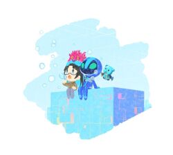 Rule 34 | 1boy, 1girl, altea (digimon), blue bodysuit, blue eyes, blue helmet, bodysuit, brown sweater, chibi, digimon, digimon (creature), digimon card game, digimon liberator, digua92537359, espimon, glasses, green eyes, helmet, on head, sangomon, semi-rimless eyewear, sitting, sweater, under-rim eyewear, yao qinglan