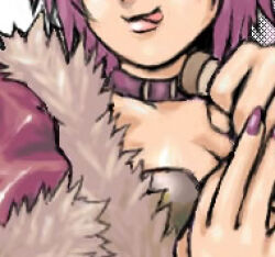 1girl 2000s_(style) black_bra bra breasts cleavage close-up coat commentary_request eyes_out_of_frame feliciel fur-trimmed_coat fur_trim head_out_of_frame lips lowres medium_breasts open_mouth pink_hair ragnarok_online rogue_(ragnarok_online) short_hair solo tongue tongue_out underwear upper_body