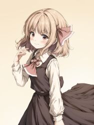 Rule 34 | 1girl, absurdres, ascot, black skirt, black vest, blonde hair, blush, closed mouth, collared shirt, cowboy shot, hair ribbon, hand up, highres, kinoniku, long sleeves, looking at viewer, missing commentary, red ascot, red ribbon, ribbon, rumia, shirt, short hair, simple background, skirt, skirt set, smile, solo, touhou, vest, white shirt, yellow background