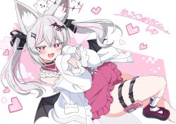 1girl :3 :d animal_ear_fluff animal_ears bat_wings black_choker blush bright_pupils cardigan choker demon_wings dress fang fox_ears fox_girl fox_tail grey_hair hair_ornament hairclip heart highres holster jirai_kei kamuraaa_615 karin_(vrchat) long_hair long_sleeves looking_at_viewer multicolored_hair open_cardigan open_clothes open_mouth pink_dress pink_eyes pink_hair shoes skin_fang smile socks solo streaked_hair tail thigh_strap twintails vrchat white_hair white_pupils white_socks wings