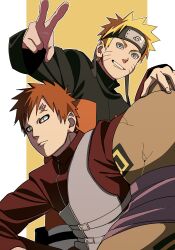 2boys absurdres black_jacket blonde_hair blue_eyes facial_mark forehead_protector gaara_(naruto) gourd highres jacket konohagakure_symbol long_sleeves looking_at_viewer male_focus multiple_boys naruto_(series) naruto_shippuuden outline pnpk_1013 red_eyes red_shirt shirt short_hair smile uzumaki_naruto v whisker_markings white_outline