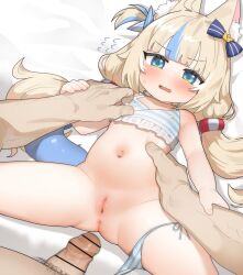 1boy 1girl absurdres animal_ear_fluff animal_ears anus bar_censor bikini bikini_around_one_leg blonde_hair blue_bikini blue_eyes blue_hair blush cat_ears censored commentary covered_erect_nipples fins fish_girl fish_tail flat_chest freehoney hetero highres imminent_penetration indie_virtual_youtuber loli long_hair looking_at_viewer low_twintails lying mosaic_censoring multicolored_hair navel nipple_stimulation nipple_tweak nipple_tweak_through_clothes on_back one_side_up open_mouth paid_reward_available penis pussy sameko_saba side-tie_bikini_bottom streaked_hair striped_bikini striped_clothes swimsuit tail twintails very_long_hair virtual_youtuber wavy_mouth