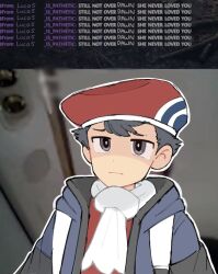 Rule 34 | 1boy, ashke1chum, beret, grey eyes, grey jacket, hat, jacket, lucas (pokemon), male focus, meme, nintendo, outline, photo-referenced, pokemon, pokemon dppt, pokemon platinum, scarf, short hair, solo, upper body, white outline, white scarf, you have no real friends (meme)