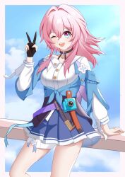 1girl black_choker black_gloves blue_eyes blue_jacket blue_skirt blue_sky border breasts buttons camera choker cloud cloudy_sky collarbone collared_shirt commentary_request cowboy_shot day flower_ornament gloves hair_between_eyes hand_up honkai:_star_rail honkai_(series) jacket long_sleeves looking_at_viewer march_7th_(honkai:_star_rail) march_7th_(preservation)_(honkai:_star_rail) medium_breasts medium_hair multicolored_eyes off-shoulder_shirt off_shoulder one_eye_closed open_mouth outdoors outside_border partially_fingerless_gloves pink_hair pleated_skirt puffy_long_sleeves puffy_sleeves purple_eyes shirt sidelocks single_bare_shoulder skirt sky smile solo standing teeth tied_jacket v w67732579 white_border white_shirt