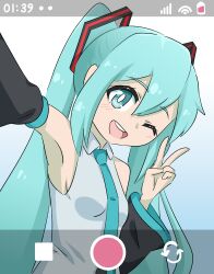 1girl armpits blue_eyes blue_hair breasts camera female_focus happy hatsune_miku jua long_hair nose one_eye_closed open_clothes phone pov_camera shadow small_breasts solo tongue vocaloid wi-fi_symbol