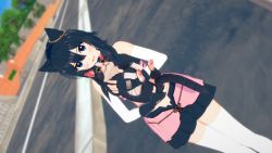 1girl 3d animal animal_ears bare_shoulders black_fur black_gloves black_shorts blue_eyes blue_sky blurry blurry_background blush cat cat_ears cat_girl day earrings feet_out_of_frame fingerless_gloves fran_(tensei_shitara_ken_deshita) gloves gold_earrings hair_between_eyes highres holding holding_animal holding_cat jewelry kirbro light_blush looking_at_viewer looking_away medium_hair midriff open_mouth outdoors road shorts sky solo standing tensei_shitara_ken_deshita thighhighs thighs tongue tree two-tone_fur white_fur white_thighhighs yellow_eyes