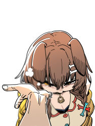 1girl 1other animal_collar animal_ears bone_hair_ornament breasts brown_eyes brown_hair cartoon_bone cleavage collar commentary_request dog_ears dog_girl hair_ornament highres hololive inugami_korone inugami_korone_(1st_costume) jacket korean_commentary long_hair pout shirt ssambatea virtual_youtuber white_background white_shirt yellow_jacket