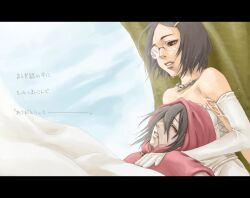 2girls akazukin_(tokyo_akazukin) bare_shoulders black_hair blood blood_from_mouth brown_eyes commentary_request elbow_gloves glasses gloves letterboxed looking_at_another multiple_girls parted_lips red_hood saitou_nekoichi tokyo_akazukin translation_request vivian_(tokyo_akazukin)