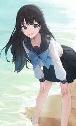 1girl absurdres akebi-chan_no_serafuku akebi_komichi barefoot beach black_hair black_sailor_collar black_skirt blue_bow blue_eyes bow commentary_request day foot_out_of_frame hands_on_own_knees happy highres jianjia leaning_forward long_hair long_sleeves looking_at_viewer midriff_peek open_mouth outdoors pleated_skirt roubai_academy_school_uniform_(old) sailor_collar sand school_uniform serafuku shirt skirt solo sunlight water white_shirt