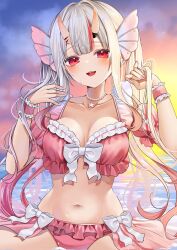 1girl :d bead_necklace beads bikini breasts center-flap_bangs cleavage commentary_request detached_sleeves fang frilled_bikini frills front-tie_bikini_top front-tie_top gradient_hair grey_hair hair_between_horns hand_in_own_hair hands_up highres hololive holonatsu_paradise horns jewelry long_hair medium_breasts multicolored_hair nakiri_ayame nakiri_ayame_(holonatsu_paradise) navel necklace ocean official_alternate_costume official_alternate_hairstyle ohagetty oni open_mouth outdoors pink_bikini puffy_detached_sleeves puffy_short_sleeves puffy_sleeves red_eyes red_hair short_sleeves sidelocks sitting skin-covered_horns smile star_(symbol) star_necklace stomach straight-on streaked_hair sunset swimsuit teeth twintails upper_teeth_only virtual_youtuber wrist_cuffs
