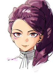 1girl ascot brown_eyes closed_mouth dark-skinned_female dark_skin eyeshadow facial_mark fire_emblem fire_emblem:_three_houses garreg_mach_monastery_uniform highres lips long_hair looking_at_viewer makeup nintendo papipupepo4989 petra_macneary pink_lips purple_eyeshadow purple_hair shirt side_ponytail signature simple_background smile solo upper_body white_ascot white_background white_shirt