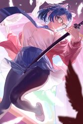 1girl animal_ear_headphones animal_ears bad_source bird black_pantyhose blue_eyes blue_hair blue_necktie blue_skirt breasts buttons cat_ear_headphones cleavage clothes_lift curtains day dutch_angle fake_animal_ears feathers floating_hair glasses hand_up headphones highres holding holding_sword holding_weapon indoors katana large_breasts leg_up light_smile long_sleeves looking_at_viewer mila_(miside) miside mita_(miside) necktie official_art pantyhose pink_shirt pleated_skirt shirt skirt skirt_lift slippers smile solo sword weapon white_shirt