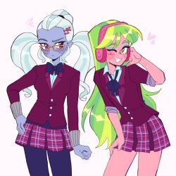 2girls ;d arm_at_side black_bow black_bowtie black_pantyhose blue_eyeshadow blue_skin bow bowtie breasts buttons clenched_hand collared_shirt colored_skin commentary contrapposto cowboy_shot crystal_prep_academy_school_uniform english_commentary exxi00 eyeshadow flat_chest glasses green_hair grey_hair grin hair_ornament hand_on_own_thigh headphones highres jacket leaning_forward lemon_zest long_hair long_sleeves looking_at_another looking_at_viewer makeup miniskirt multicolored_hair multiple_girls my_little_pony my_little_pony:_equestria_girls my_little_pony:_friendship_is_magic one_eye_closed open_mouth orange-framed_eyewear pantyhose pink_background pink_jacket pink_skirt plaid_clothes plaid_skirt purple_eyes rectangular_eyewear school_uniform shirt short_sleeves side-by-side sideways_glance simple_background skirt small_breasts smile squiggle standing sugarcoat turning_head twintails two-tone_hair very_long_hair white_hair white_shirt yellow_eyes