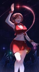 1girl absurdres arm_up breasts brown_eyes brown_hair cleavage collarbone commentary crop_top hair_between_eyes happy hatsune_miku headset highres kagamine_len kagamine_rin kaito_(vocaloid) looking_at_viewer megurine_luka meiko_(vocaloid) meiko_(vocaloid3) midriff night night_sky open_mouth reaching shooting_star short_hair skirt sky smile sole_(pzfk7228) solo_focus standing star_(sky) starry_sky vocaloid
