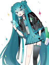 Rule 34 | 1girl, :d, arm behind back, bandeau, black choker, black jacket, black thighhighs, blue bandeau, blue hair, blue skirt, blush, bracelet, cellphone, choker, collared jacket, dot nose, earbuds, earphones, feet out of frame, food-themed hair ornament, garter straps, hair between eyes, hair ornament, hairclip, hatsune miku, highres, holding, holding phone, jacket, jewelry, leaning to the side, long hair, long sleeves, looking at viewer, minazuki (minaduki 0318), miniskirt, navel, number tattoo, open mouth, phone, pleated skirt, puffy long sleeves, puffy sleeves, sidelocks, simple background, single thighhigh, skirt, sleeve cuffs, smartphone, smile, solo, sparkle, spring onion hair ornament, stomach, tattoo, thighhighs, twintails, very long hair, vocaloid, white background, x hair ornament