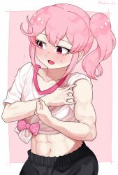 1girl abs black_pants blush collarbone cowboy_shot hair_between_eyes highres kedama_(ughugjydthjdf) kemono_friends kemono_friends_3 looking_to_the_side midriff muscular muscular_female nana_(kemono_friends) navel pants pink_eyes pink_hair pink_trim shirt short_hair short_sleeves side_ponytail sidelocks sleeves_rolled_up solo sweatdrop t-shirt tied_shirt white_shirt