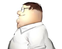 1boy absurdres closed_mouth collared_shirt commentary english_commentary family_guy fat fat_man from_side highres male_focus peter_griffin profile round_eyewear shirt short_hair simple_background smoogiearts solo very_short_hair white_background white_shirt