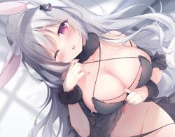 1girl animal_ear_fluff animal_ears black_negligee blush breasts cleavage covered_navel grey_hair hair_ornament highres large_breasts lingerie long_hair looking_at_viewer navel negligee one_eye_closed open_mouth original pink_eyes see-through_clothes shirosei_mochi smile solo stomach underwear upper_body wristband
