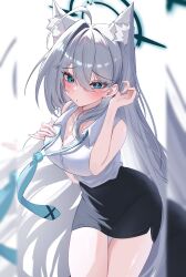 1girl absurdres ahoge alternate_costume alternate_hair_length alternate_hairstyle animal_ear_fluff animal_ears black_halo black_skirt blue_archive blue_eyes breasts bright_pupils broken_halo cleavage collared_shirt commentary_request earrings extra_ears grey_hair grey_necktie hair_between_eyes hair_intakes halo highres jewelry korean_commentary large_breasts looking_at_viewer loose_necktie medium_hair mismatched_pupils necktie office_lady open_mouth pencil_skirt pinky_out shiroko_(blue_archive) shiroko_terror_(blue_archive) shirt simple_background skirt sleeveless sleeveless_shirt solo stud_earrings thighs wgff4824 white_background white_pupils white_shirt wolf_ears wolf_girl