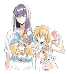 1boy 1girl 3_ma_me :/ ;p arm_hug blonde_hair blush_stickers character_print closed_mouth cropped_torso dark_magician dark_magician_girl duel_monster green_eyes hair_between_eyes hand_up holding holding_another&#039;s_arm long_hair looking_to_the_side midriff navel one_eye_closed parted_bangs purple_hair self_character_print shirt short_sleeves sideways_glance simple_background t-shirt tied_shirt tongue tongue_out white_background white_shirt yu-gi-oh!