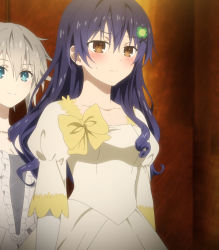 1boy 1girl absurdres androgynous anime_screenshot blue_hair breasts brown_eyes cleavage collarbone crossdressing date_a_live dress hair_between_eyes hair_ornament highres honjou_nia itsuka_shido itsuka_shiori long_hair short_hair small_breasts stitched third-party_edit trap white_dress white_hair x_hair_ornament
