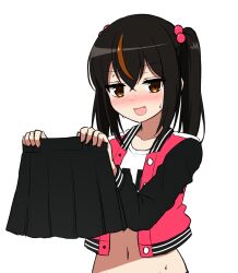 1girl bamiko_(nanju_bami) black_hair black_panties blush brown_eyes brown_hair character_name clothes_writing covering_own_mouth hair_between_eyes hair_bobbles hair_ornament jacket letterman_jacket looking_at_viewer midriff multicolored_hair nanju_bami navel original panties simple_background solo standing twintails underwear