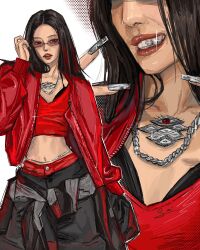 Rule 34 | 1girl, black hair, blackpink, commentary, cowboy shot, english commentary, fake nails, glint, highres, jacket, jennie (blackpink), jewelry, k-pop, long hair, multiple views, navel, necklace, pink lips, real life, red jacket, smile, solo, sum iiart, sunglasses, white background