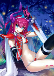 1girl absurdres armor bat_(animal) bikini_armor black_thighhighs blue_eyes cape curled_horns dragon_girl dragon_tail elizabeth_bathory_(brave)_(fate) elizabeth_bathory_(fate) fang fate/grand_order fate_(series) fireflies gauntlets highres horns night open_mouth pants pink_hair purple_horns red_armor red_pants sahara1127 single_thighhigh sitting sparkle sword tail thighhighs weapon white_cape