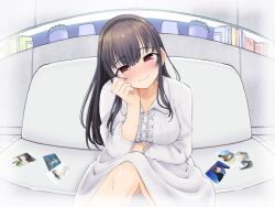 Rule 34 | 1girl, black hair, black hairband, blush, breasts, buttons, closed mouth, collarbone, collared dress, couch, crossed legs, dress, hair between eyes, hair over shoulder, hairband, hand on own face, hand up, highres, indoors, kimi to kanojo to kanojo no koi., long hair, looking at viewer, medium breasts, musasi1218, nitroplus, on couch, photo (object), plant, potted plant, red eyes, sitting, smile, solo, sone miyuki, straight hair, tile floor, tiles, white dress