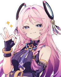 Rule 34 | 1girl, bare shoulders, blue eyes, bracelet, breasts, citlali (genshin impact), facial mark, forehead mark, genshin impact, hair intakes, hand up, highres, jewelry, long hair, looking at viewer, ok sign, pink hair, ring hair ornament, simple background, sleeveless, small breasts, smile, solo, upper body, very long hair, white background, woolly (ll 0o0)