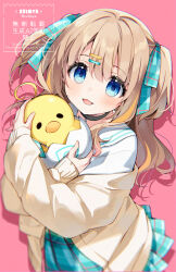 Rule 34 | 1girl, :3, :d, artist name, baby animal, bird, black choker, blue eyes, brown hair, chinese text, choker, drop shadow, duck, duckling, english text, female focus, hair ornament, hair ribbon, hairclip, hugging object, long hair, looking at viewer, open mouth, pink background, plaid clothes, plaid ribbon, plaid skirt, ribbon, shirt, simple background, skirt, smile, suimya, tagme, watamiya ahiru, watamiya ahiru (2nd costume), watermark, white shirt