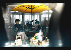 1boy 1girl 6+others absurdres ahoge ahoge_girl_(jimini_shijimi) apple apron aqua_eyes aqua_hair bag baguette banana black_dress black_hair black_necktie black_shoes blurry blurry_foreground bread broccoli brown_bag chair chair_tipping chalkboard chalkboard_sign collared_shirt commentary_request crossed_legs cup dark-skinned_male dark_skin day depth_of_field disdain disposable_cup dress dress_shirt drinking drinking_straw elbow_rest flower food formal_clothes frilled_apron frills fruit grey_jacket grey_pants grey_vest hand_on_table highres holding holding_cup jacket jimini_shijimi leaning_back leaning_forward long_sleeves looking_at_another maid maid_apron multiple_others necktie no_pupils open_clothes open_jacket open_mouth original outdoors pants paper_bag parasol people rose shade shadow shirt shoes short_hair sign silhouette sitting spill suit suit_jacket sunlight sweatdrop table teeth umbrella upper_teeth_only vest waistcoat white_flower white_rose white_shirt window wooden_chair yellow_umbrella
