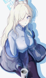 1girl animal_ear_fluff animal_ears black_gloves black_pantyhose blonde_hair blue_archive blue_eyes blue_halo blue_necktie blue_shirt blue_skirt blush breasts closed_mouth clothes_pull coffee cup disposable_coffee_cup disposable_cup dog_ears dog_girl e20_(79324944) feet_out_of_frame gloves grey_jacket hair_over_one_eye halo highres holding holding_cup jacket jacket_pull kanna_(blue_archive) long_hair long_sleeves looking_at_viewer mechanical_halo medium_breasts necktie open_clothes open_jacket pantyhose paw_print shadow shirt simple_background single_glove sitting skirt solo white_background