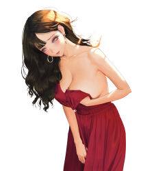 1girl absurdres bare_arms bare_shoulders blue_eyes blush breast_hold breasts brown_hair cleavage closed_mouth collarbone dress earrings highres jewelry large_breasts leaning_forward lips lipstick long_hair looking_to_the_side makeup original red_dress red_lips simple_background sleeveless sleeveless_dress smile solo standing wavy_hair white_background wonbin_lee