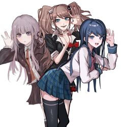 :d black_ribbon blue_eyes blue_hair braid collared_shirt danganronpa:_trigger_happy_havoc danganronpa_(series) enoshima_junko grey_hair hair_ornament hair_ribbon hairclip highres jacket kirigiri_kyoko long_hair long_sleeves looking_at_viewer maizono_sayaka mi_mi_mi_(mi_danron) necktie open_clothes open_jacket open_mouth pleated_skirt ribbon sailor_collar school_uniform shirt simple_background skirt smile thighhighs twintails