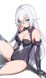 1girl absurdres black_gloves black_leotard blue_eyes blush breasts bright_pupils choujigen_game_neptune cleavage cleavage_cutout closed_mouth clothing_cutout crossed_bangs elbow_gloves eyes_visible_through_hair gloves hair_between_eyes highres leotard long_hair looking_at_viewer medium_breasts neptune_(series) noire_(neptunia) rururudenko simple_background solo straight_hair very_long_hair white_background white_hair white_pupils