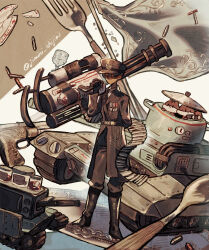 1boy ammunition ammunition_belt arm_behind_back artist_name belt binoculars black_belt black_boots black_eyes black_gloves black_jacket black_necktie black_pants boots bright_pupils broken_plate cable chalice chipmunk clenched_hand closed_mouth collared_shirt commentary_request crossed_bangs cup dot_mouth double-parted_bangs dress_shirt electrical_outlet expressionless firing flag fork full_body gatling_gun gloves gun hair_between_eyes hand_up handgun hat highres holding holding_gun holding_weapon insignia jacket jar jimini_shijimi legs_apart long_bangs long_sleeves looking_at_viewer male_focus metal_plate military military_hat military_uniform military_vehicle motor_vehicle necktie original pants plate shirt short_hair simple_background skull_and_crossbones soldier solo spoon squirrel standing tank weapon white-haired_man_(jimini_shijimi) white_background white_hair white_pupils white_shirt