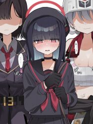 ... 3girls :3 @_@ belt beret black_belt black_choker black_hair black_hat black_jacket black_pants black_sailor_collar black_serafuku black_shirt black_skirt blue_archive blush breasts choker cleavage collared_shirt commentary_request earrings em-2 faceless faceless_female grease_(mechanical) grey_hair halo hands_up hard_hat hat helmet hot_springs_department_member_(blue_archive) jacket jewelry justice_task_force_member_(blue_archive) mi_yabi_589 multiple_girls neckerchief necktie no_eyes nose_blush notice_lines open_mouth pandemonium_society_member_(blue_archive) pants pleated_skirt red_eyes red_halo red_neckerchief red_necktie sailor_collar school_uniform serafuku shaded_face shirt simple_background skirt spoken_ellipsis sweat towel towel_around_neck translation_request white_background white_shirt