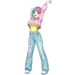 1girl :3 arm_behind_back arm_up belt bob_cut crop_top crop_top_overhang cropped_hoodie denim diagonal_bangs dolphin_wave game_cg green_hair helly_lewis highres holding_own_arm hood hoodie jeans looking_at_viewer multicolored_hair nail_polish non-web_source official_alternate_costume official_art ootomo_takuji open_mouth pants pink_hair pink_hoodie shirt shoes simple_background smile sneakers solo split-color_hair stretching transparent_background two-tone_hair white_background yellow_eyes yellow_shirt