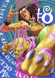 1girl brown_hair dreadlocks ermes_costello forehead green_lips green_shirt grey_eyes jojo_no_kimyou_na_bouken katayama_manabu kiss_(stand) long_hair looking_at_viewer official_art open_mouth shirt sleeveless solo stand_(jojo) stone_ocean tan