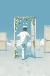 1boy arms_at_sides artist_name barefoot blue_sky blue_theme brown_hair caustics clear_sky cloud day denim door door_handle doorknob doorway double_exposure facing_away falling_flower falling_petals fantasy floating_hair flower footprints from_behind full_body glowing glowing_halo halo hand_up highres horizon jeans leaf limited_palette male_focus messy_hair nape open_door original outdoors pants petals plant rido_(ridograph) shadow shirt short_sleeves sidelighting sky sunlight surreal traditional_halo vanishing_point walking water white_flower white_shirt white_theme wooden_door