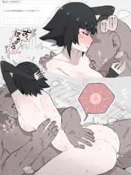 Rule 34 | 1boy, 1girl, arms around another&#039;s waist, bare back, bare shoulders, black hair, bleach, blush, breasts, collarbone, completely nude, cum, cum in pussy, ejaculating while penetrated, ejaculation, elbow gloves, gloves, hetero, highres, impregnation, japanese text, licking, licking armpit, medium hair, nude, sex, small breasts, steam, sui-feng, sweat, translation request, yaseiseihamu