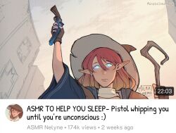 1girl arm_up asmr_to_help_you_sleep_-_beating_you_until_you&#039;re_unconscious_(meme) blue_eyes brown_gloves brown_hair brown_hat closed_mouth commentary day fake_video fingerless_gloves gloves glowing glowing_eyes gun hair_between_eyes handgun hashtag hat holding holding_gun holding_staff holding_weapon long_hair looking_at_viewer meme milramemo nelyne_(milramemo) original outdoors pointy_ears revolver signature sky solo staff upper_body weapon witch_hat