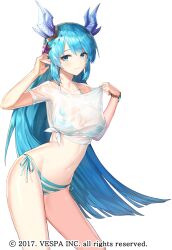 Rule 34 | 1girl, bikini, blue bikini, blue eyes, blue hair, blue horns, bracelet, breasts, commentary request, cowboy shot, hair ornament, hand in own hair, highres, horns, hwansang jungdog, jewelry, king&#039;s raid, korean commentary, laias (king&#039;s raid), large breasts, long hair, looking at viewer, mixed-language commentary, official alternate costume, official art, partial commentary, pointy ears, see-through clothes, see-through shirt, shirt, shirt tug, side-tie bikini bottom, smile, solo, star (symbol), star hair ornament, striped bikini, striped clothes, swimsuit, tied shirt, very long hair, wet, wet clothes, wet shirt, white bikini, white shirt